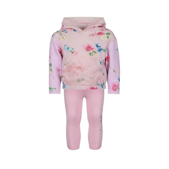 Girls Pink Foral Hooded Top & Leggings Set