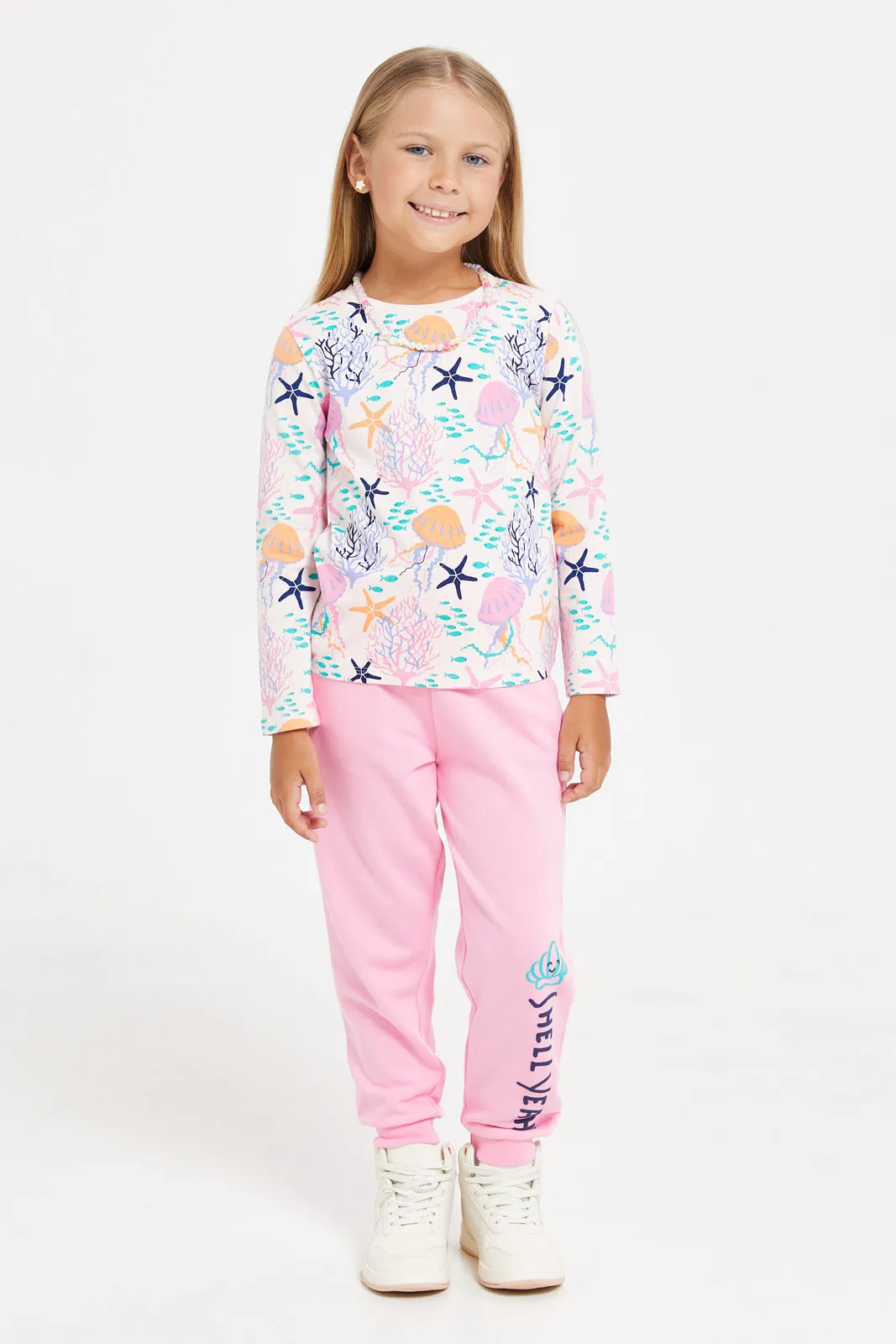 Girls Pink Placement Print Track Pants