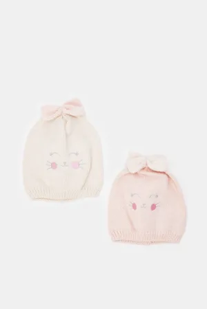 Girls Pink Printed Beanie Set (Pack of 2)