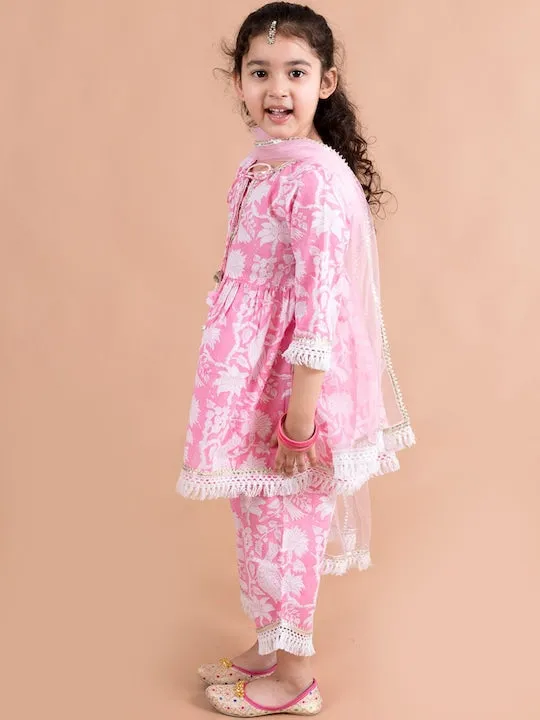 Girls Pink Printed Gotta Patti Pure Cotton Kurta With Palazzos With Dupatta - Ps Peaches