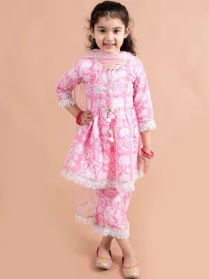 Girls Pink Printed Gotta Patti Pure Cotton Kurta With Palazzos With Dupatta - Ps Peaches