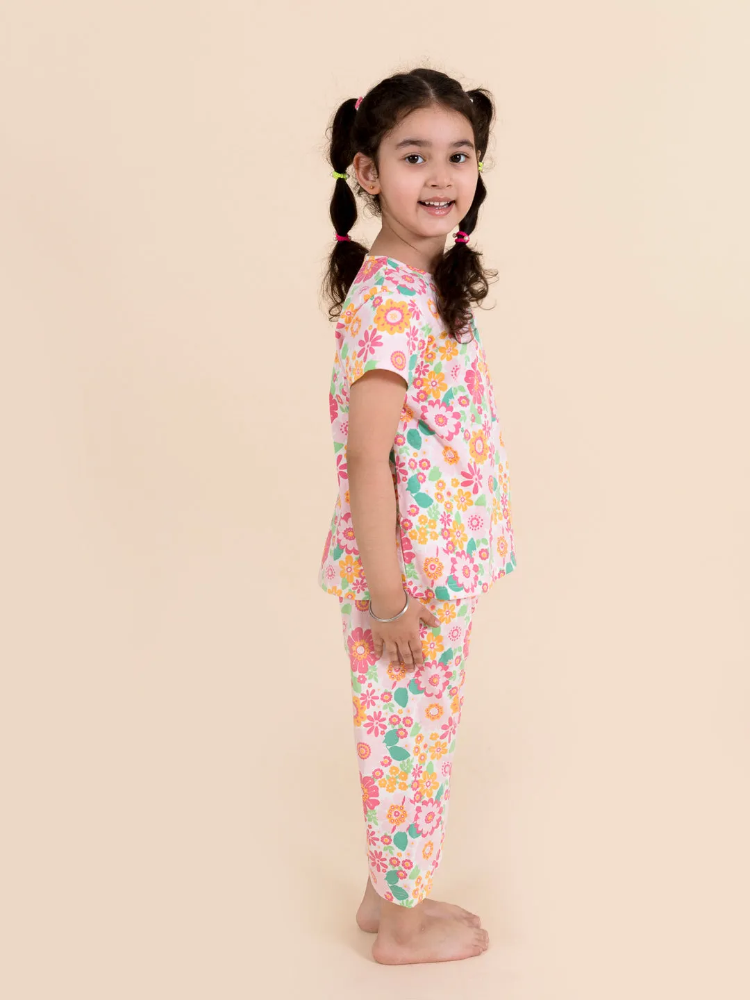 Girls Pink Printed Pure Cotton Night Suit - Ps Peaches