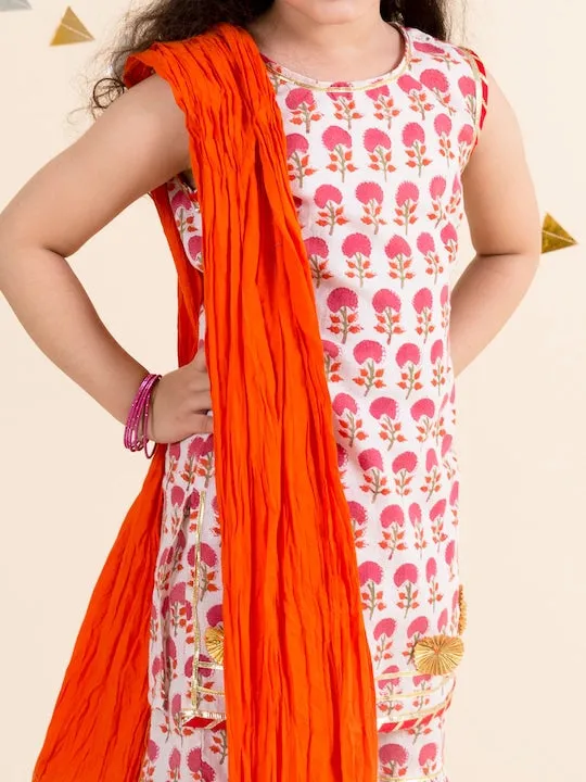 Girls Pink Printed Pure Cotton Top With Salwar With Dupatta - Ps Peaches