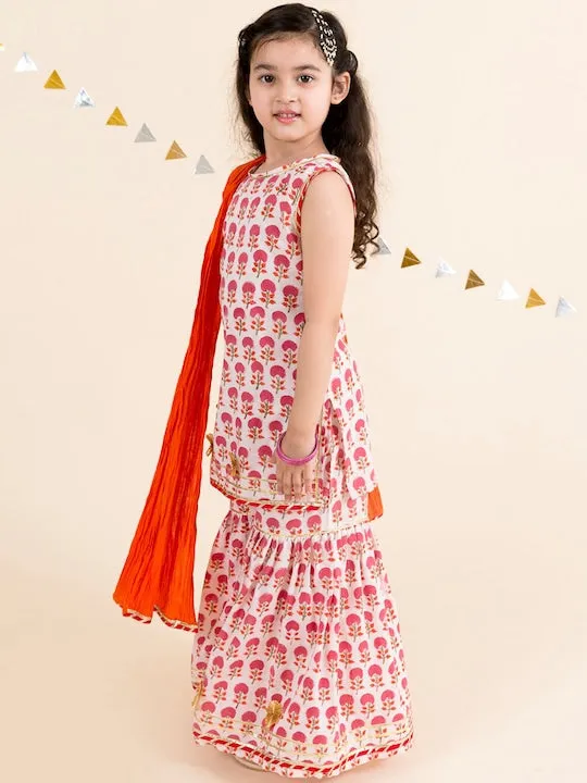 Girls Pink Printed Pure Cotton Top With Salwar With Dupatta - Ps Peaches