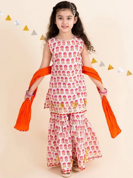 Girls Pink Printed Pure Cotton Top With Salwar With Dupatta - Ps Peaches