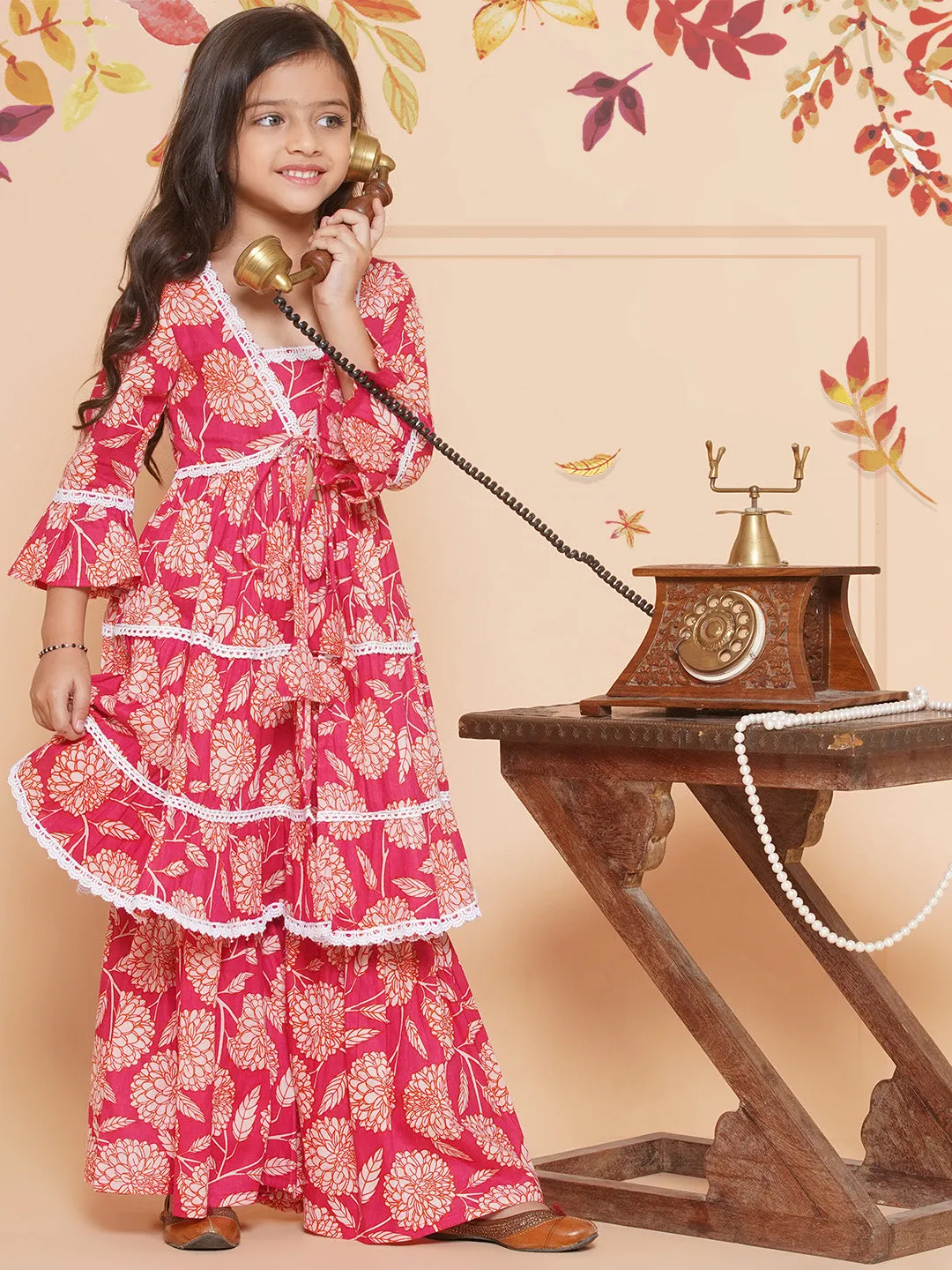 Girl's Pink Printed V- Neck  Kurta With Sharara - Bitiya By Bhama