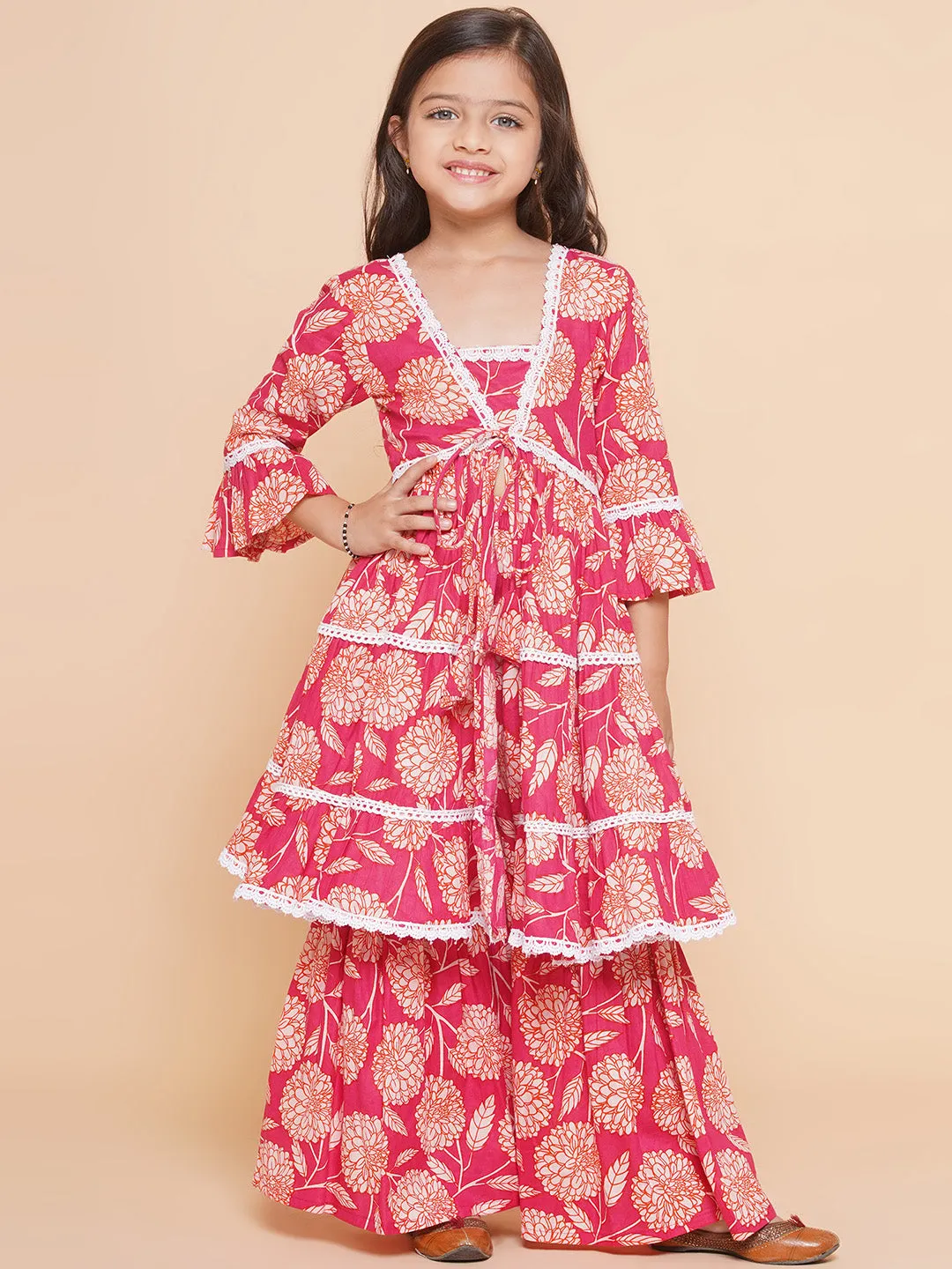 Girl's Pink Printed V- Neck  Kurta With Sharara - Bitiya By Bhama