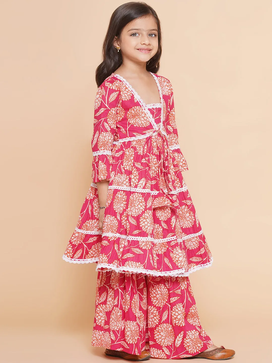 Girl's Pink Printed V- Neck  Kurta With Sharara - Bitiya By Bhama