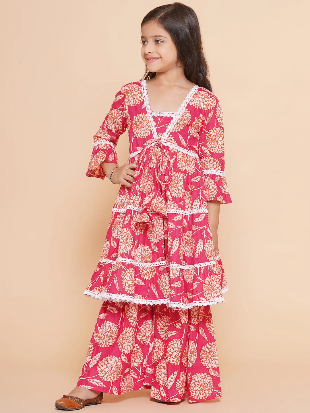 Girl's Pink Printed V- Neck  Kurta With Sharara - Bitiya By Bhama