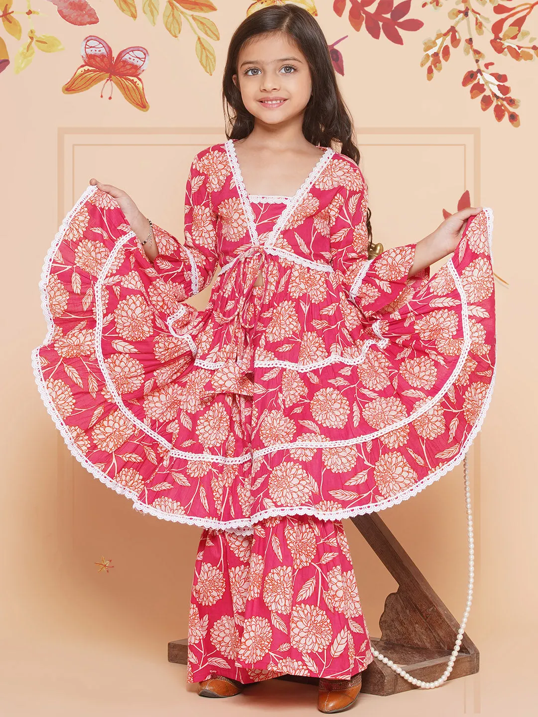 Girl's Pink Printed V- Neck  Kurta With Sharara - Bitiya By Bhama