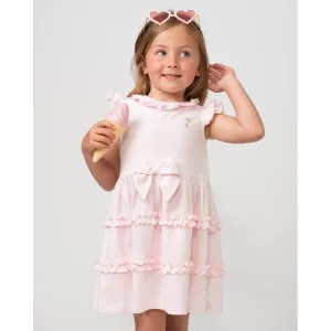 Girls Pink Tiered Frill Dress With Bow