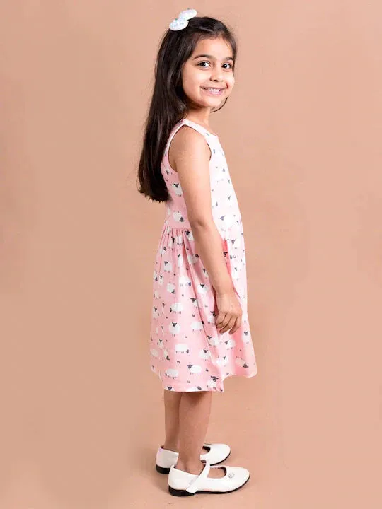 Girls Pink White Printed Dress - Ps Peaches