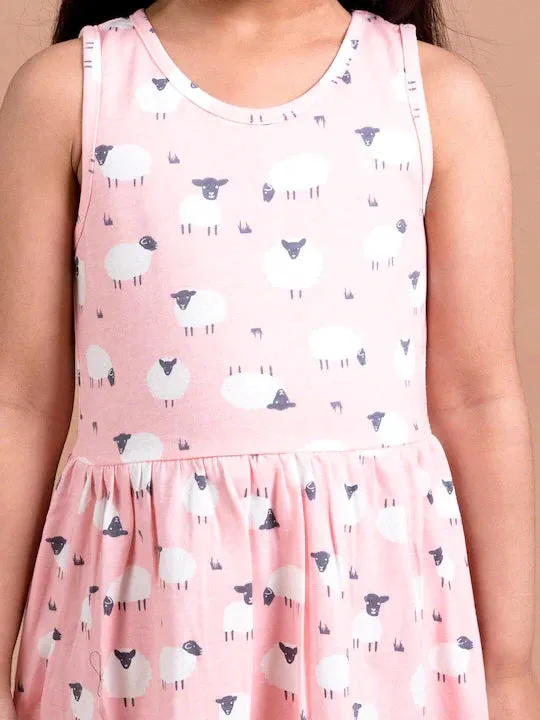 Girls Pink White Printed Dress - Ps Peaches