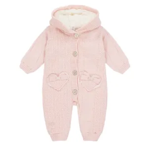 Girls Pink Woolen Knit Heart Pocket Snowsuit