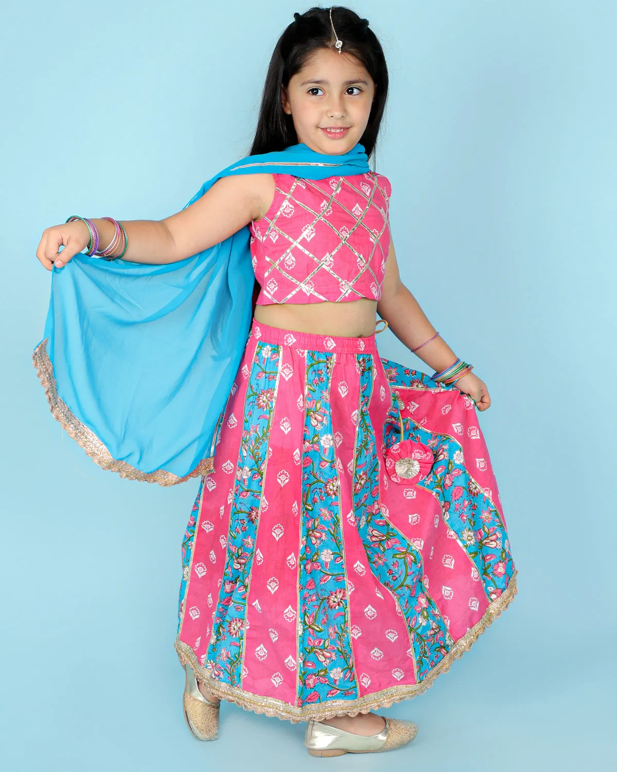 Girl's Pink/Blue Color Gota Work Crop Choli With Lehenga - KID1 Girls