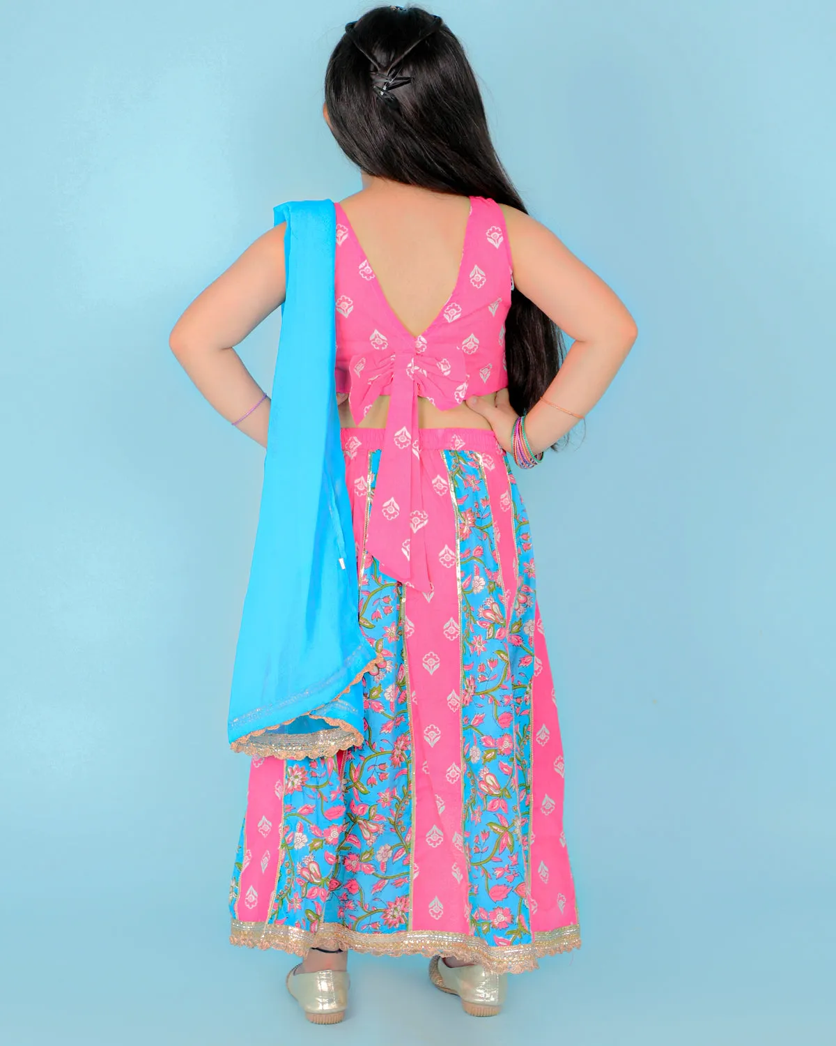 Girl's Pink/Blue Color Gota Work Crop Choli With Lehenga - KID1 Girls