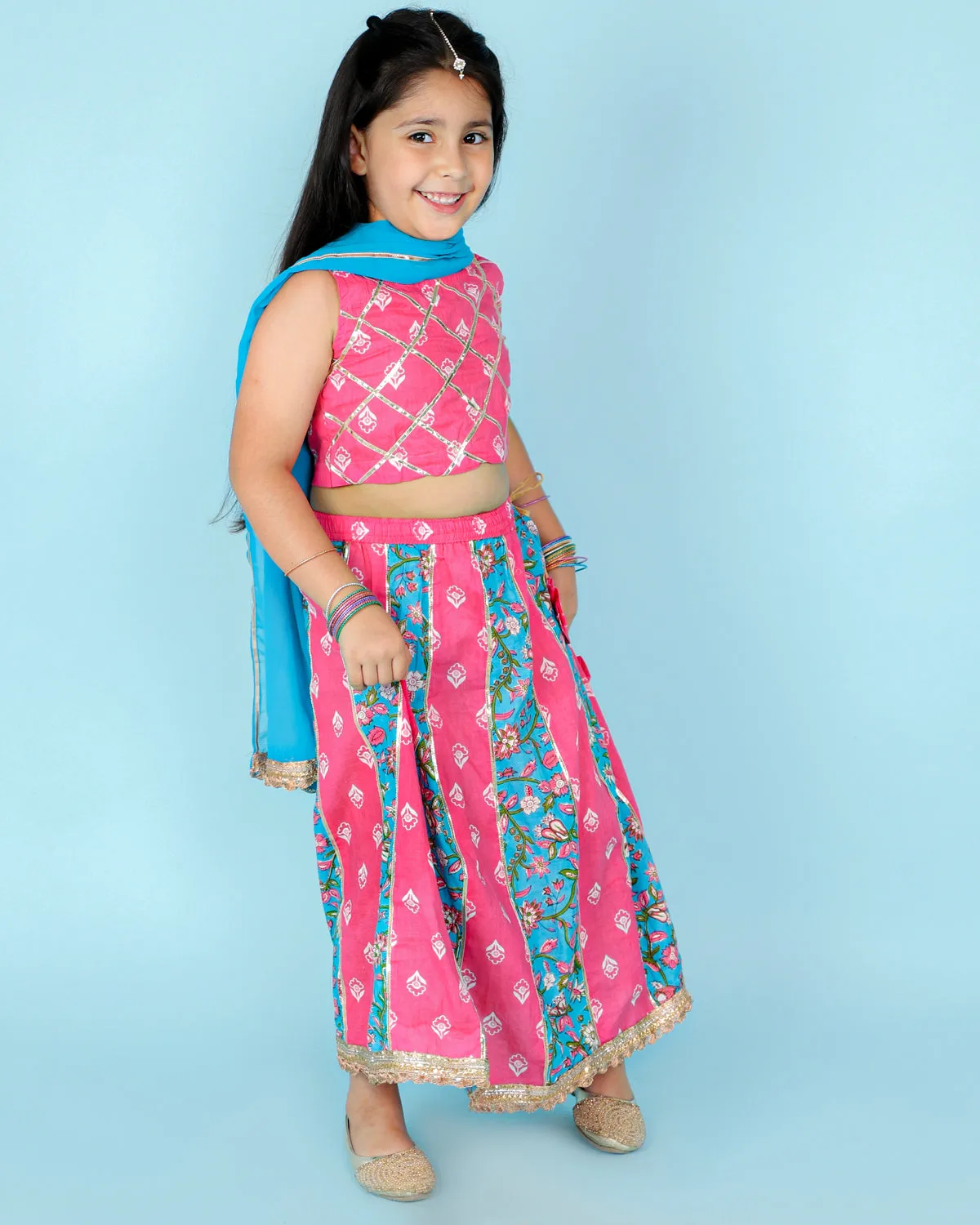 Girl's Pink/Blue Color Gota Work Crop Choli With Lehenga - KID1 Girls