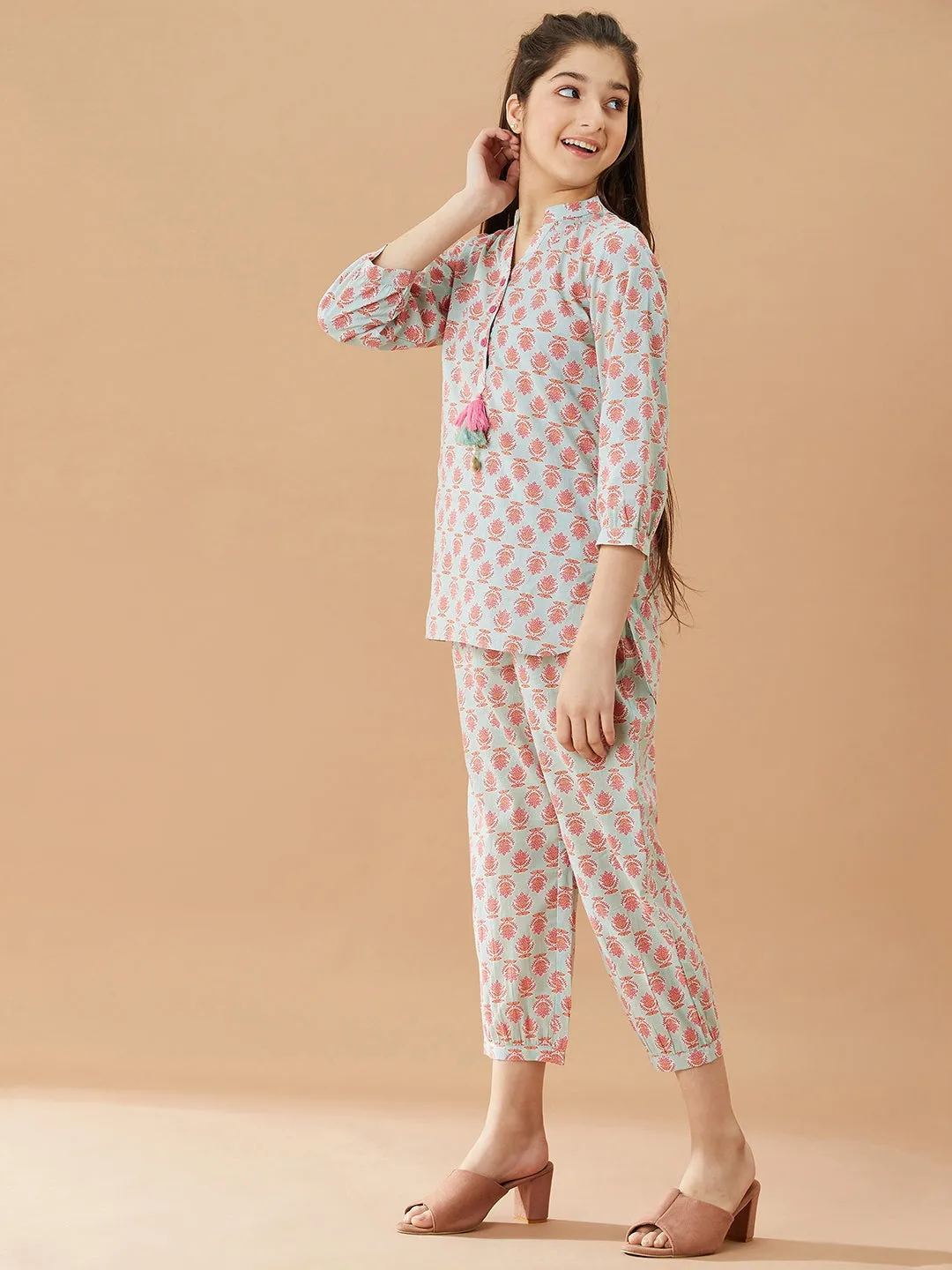 Girls Printed Pure Cotton Tunic With Trousers - Ps Peaches