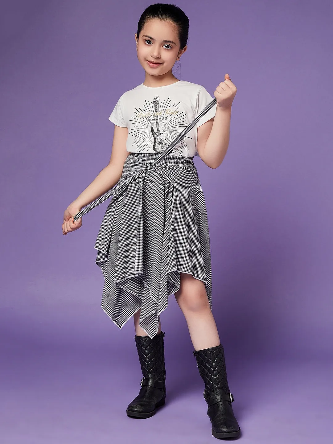 Girls Pure Cotton Top With Checked Skirt - Ps Peaches