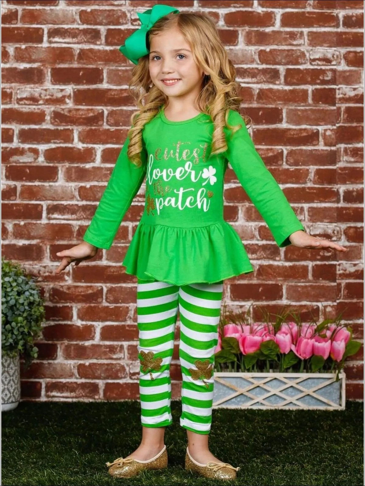 Girls "Cutest Clover in the Patch" Long Sleeve Ruffled Tunic & Striped Sequin Clover Patch Leggings Set