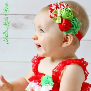 Girls Red & Green Rosette & Shabby Chic Flower Headband