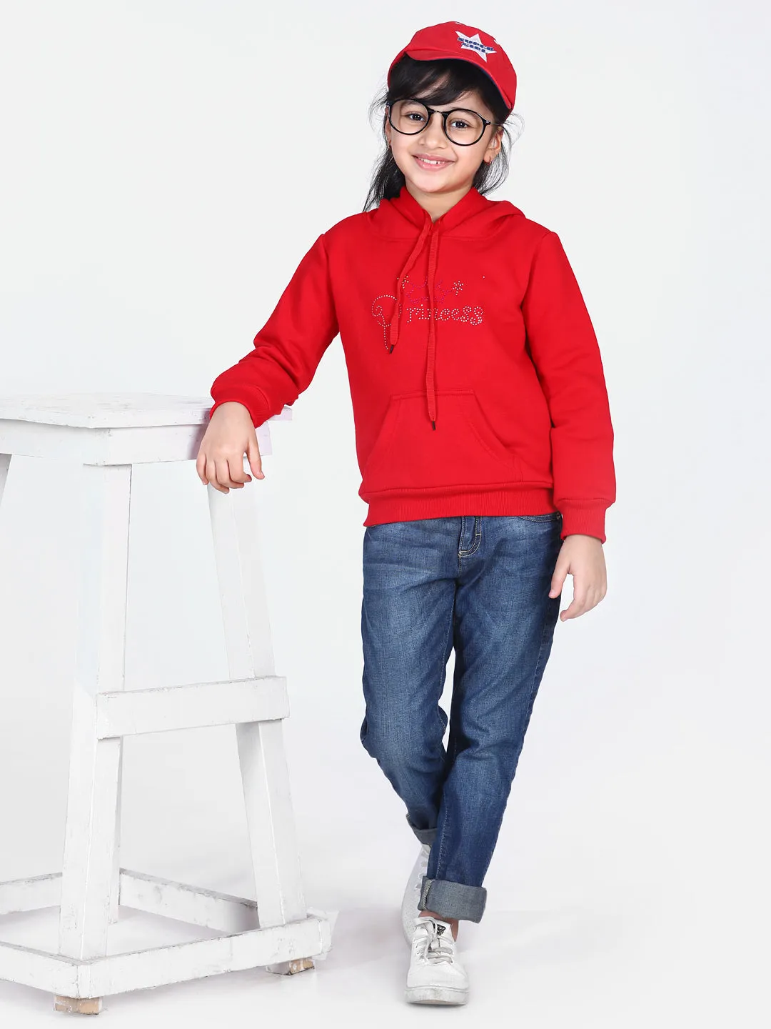 Girl's  Red Crystal Princess Embellished Winter Hoodie - StyleStone Kid