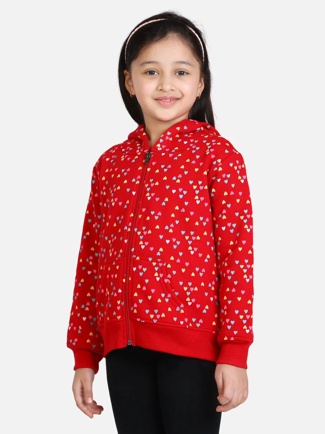 Girl's  Red Heart Printed Jacket With Hoodie - StyleStone Kid