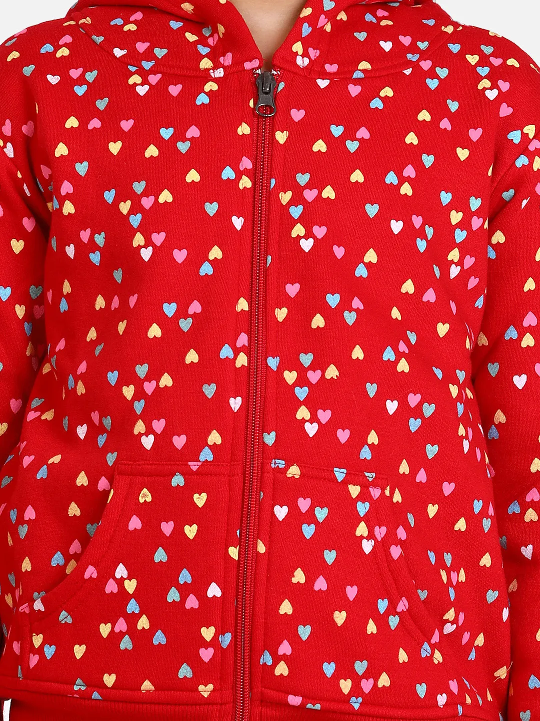 Girl's  Red Heart Printed Jacket With Hoodie - StyleStone Kid