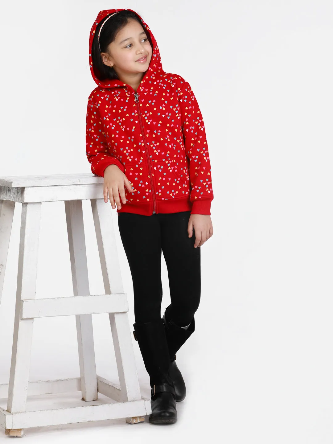 Girl's  Red Heart Printed Jacket With Hoodie - StyleStone Kid