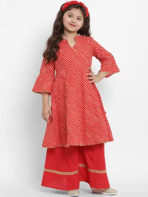 Girl's Red Leheriya Printed Angrakha Kurta With Solid Palazzos - Bitiya By Bhama