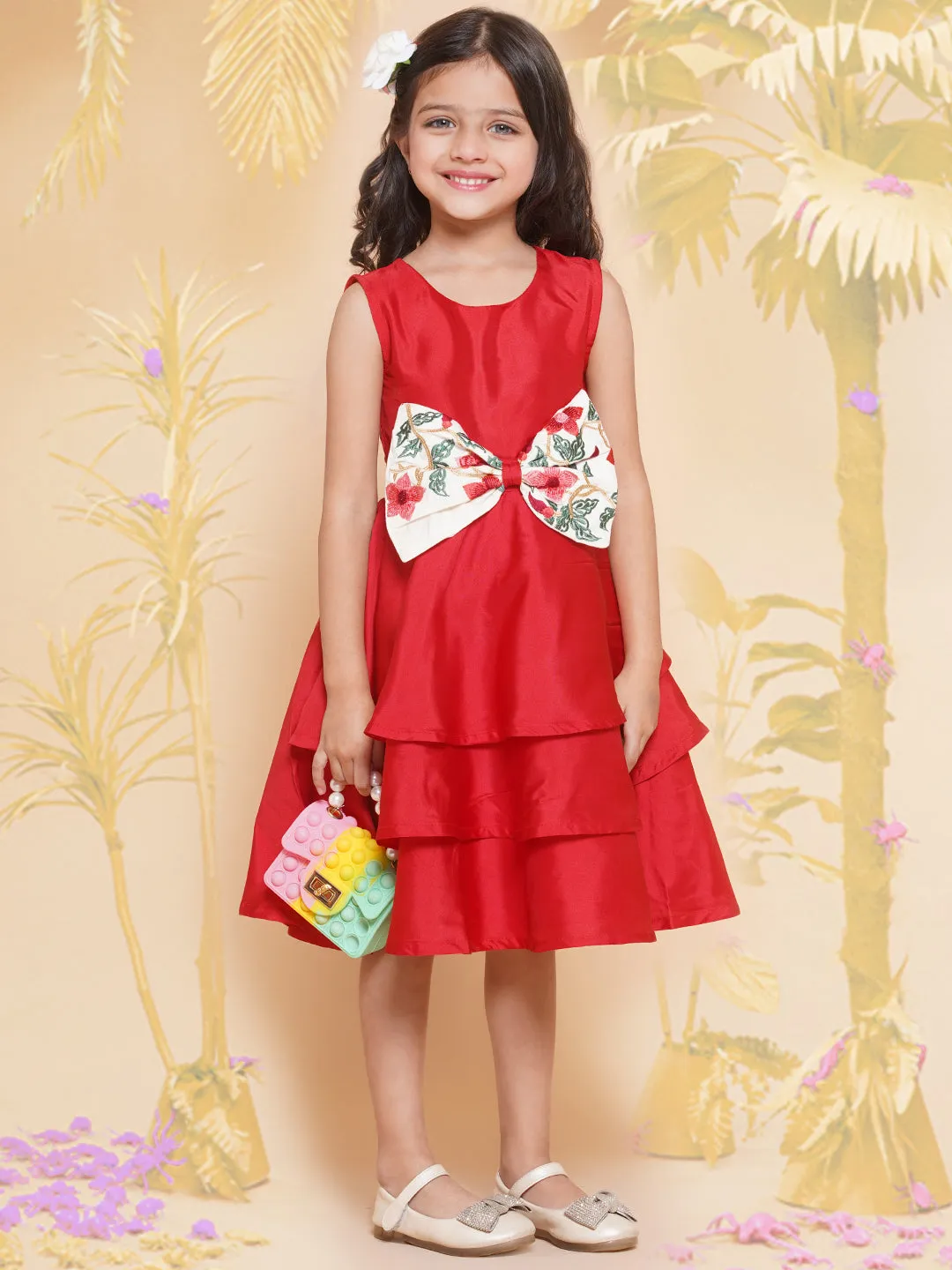 Girl's Red Solid A-Line Dress. - Bitiya By Bhama