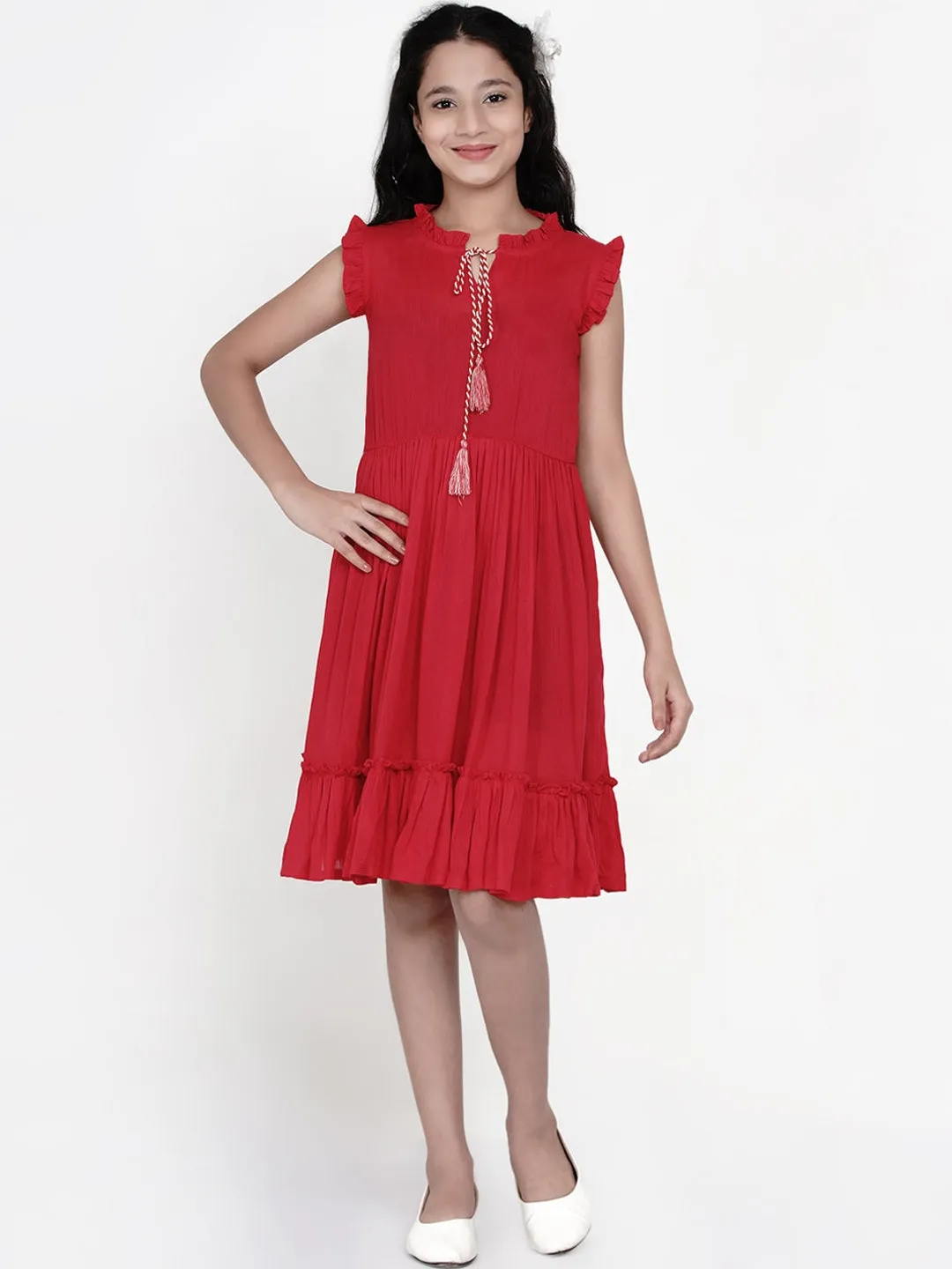 Girl's Red Tie-Up Neck Dress - NOZ2TOZ KIDS