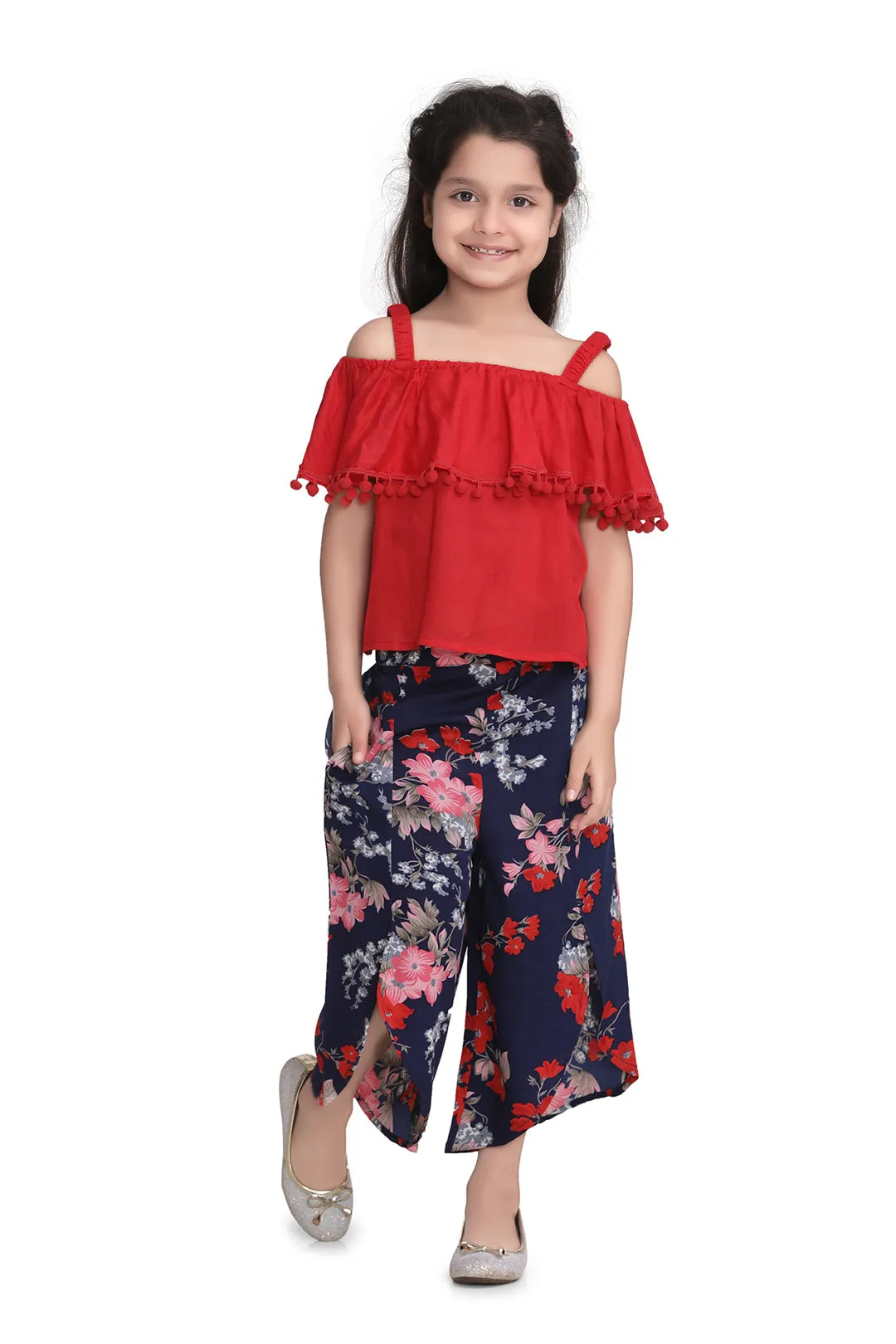 Girl's Red Top And Floral 3/4Th Pants Set - StyleStone Kid