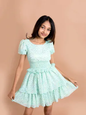 Girls Sea Green Pink Printed Chiffon Dress - Ps Peaches