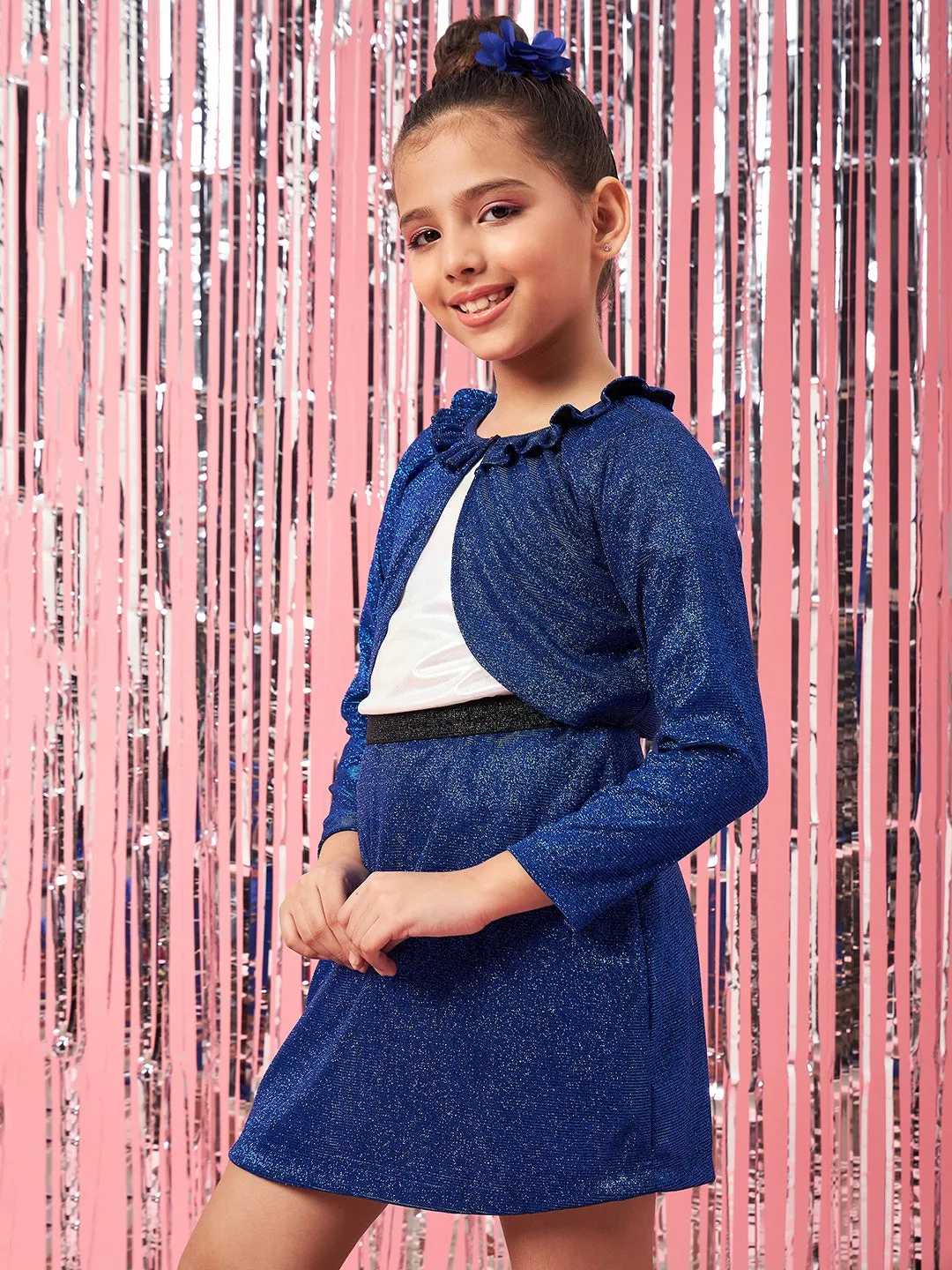 Girls Self Design Ruffles Open Front Crop Shrug - Ps Peaches