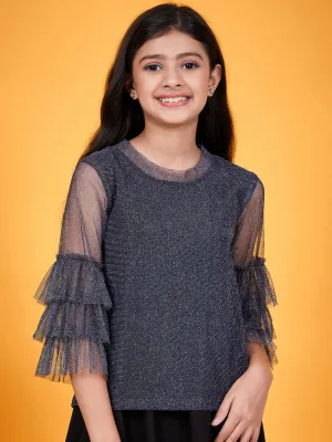 Girls Shimmer Round Neck Layered Sleeves Regular Top - Ps Peaches