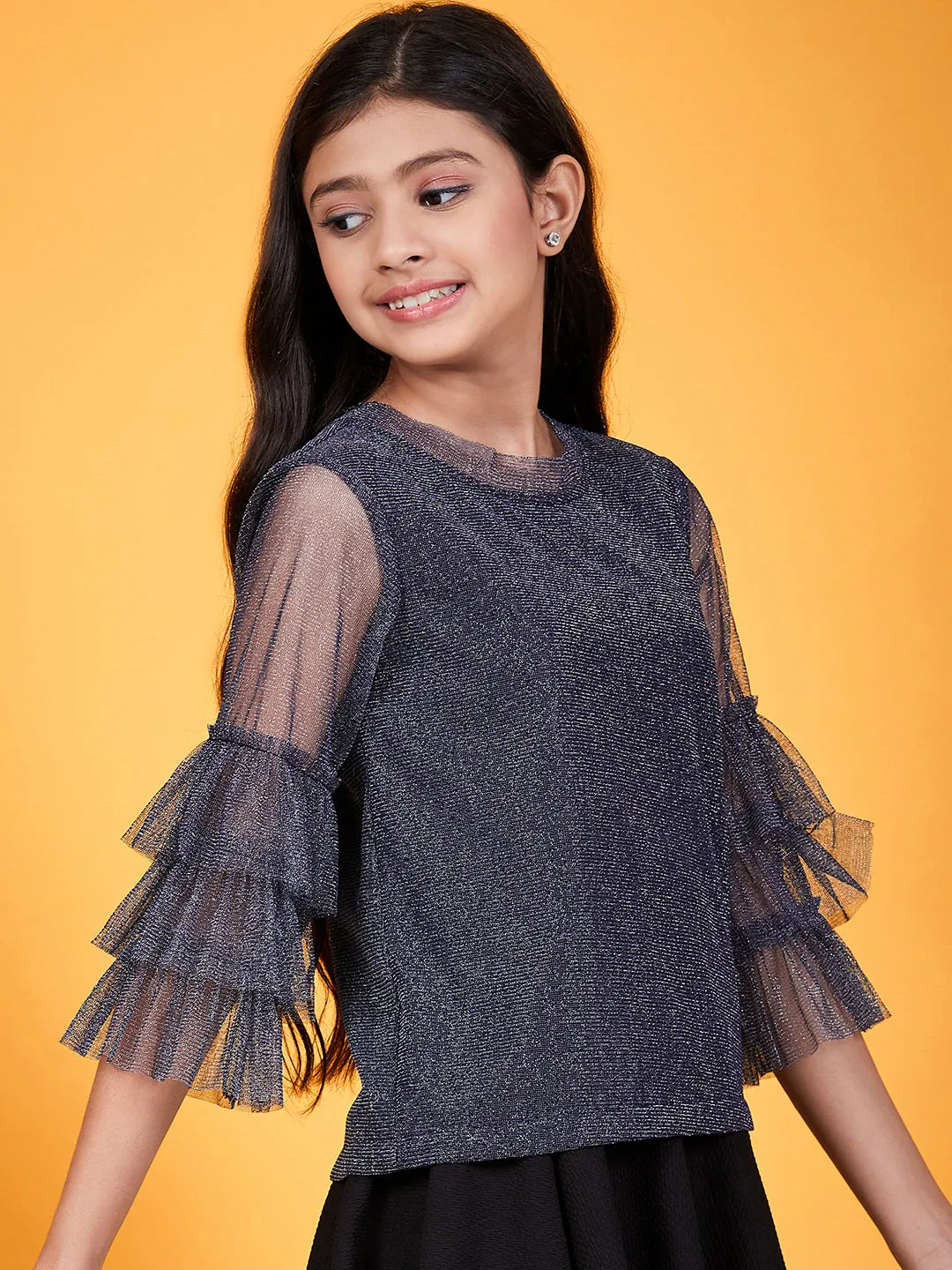 Girls Shimmer Round Neck Layered Sleeves Regular Top - Ps Peaches