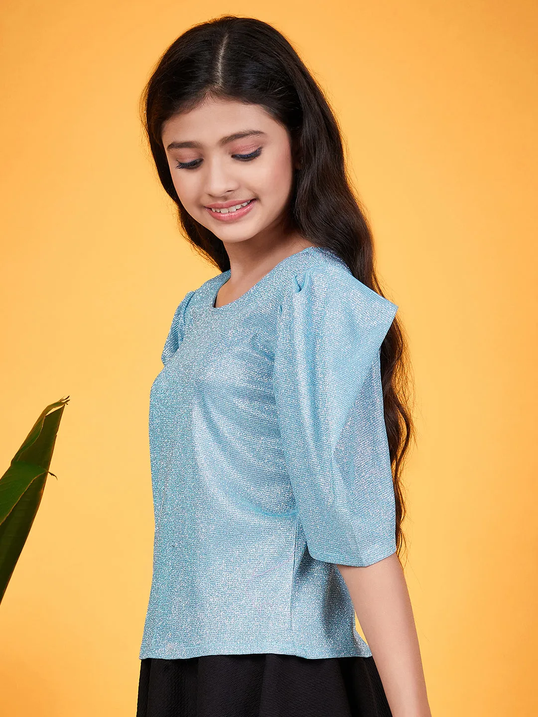 Girls Shimmer Round Neck Puff Sleeves Top - Ps Peaches