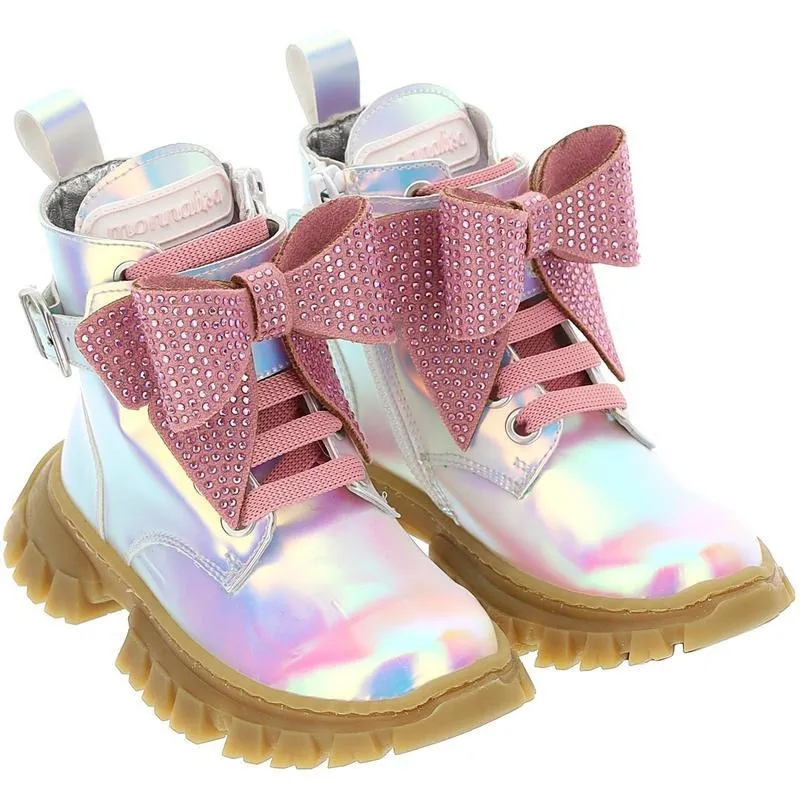 Girls Shiny Combat Boots With Rhinestones