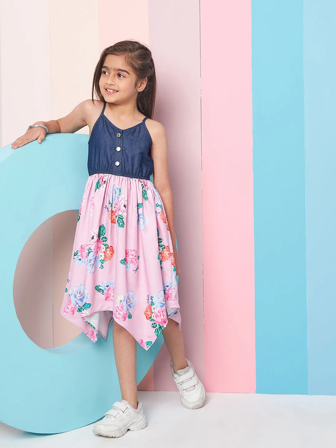 Girls Shoulder Straps Floral Print Denim A-Line Midi Dress - PS Peaches