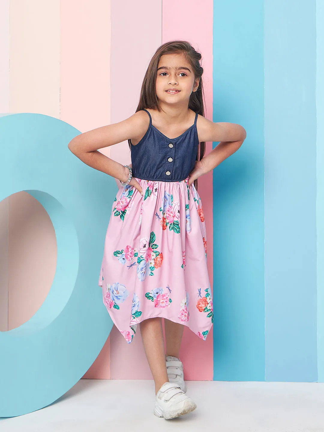 Girls Shoulder Straps Floral Print Denim A-Line Midi Dress - PS Peaches