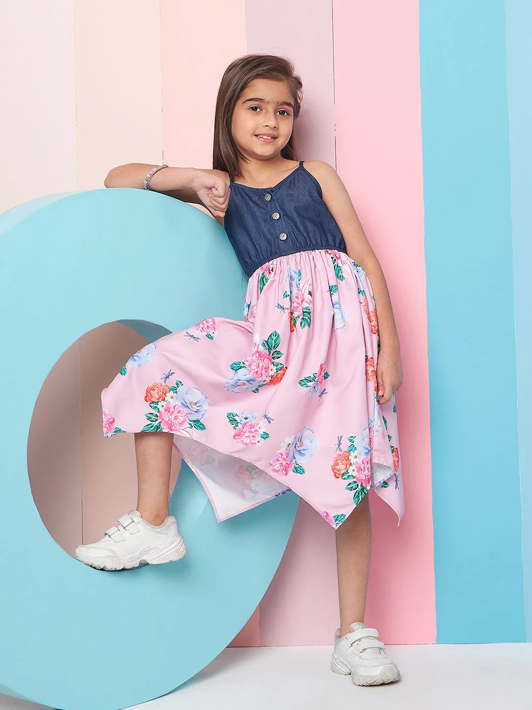 Girls Shoulder Straps Floral Print Denim A-Line Midi Dress - PS Peaches