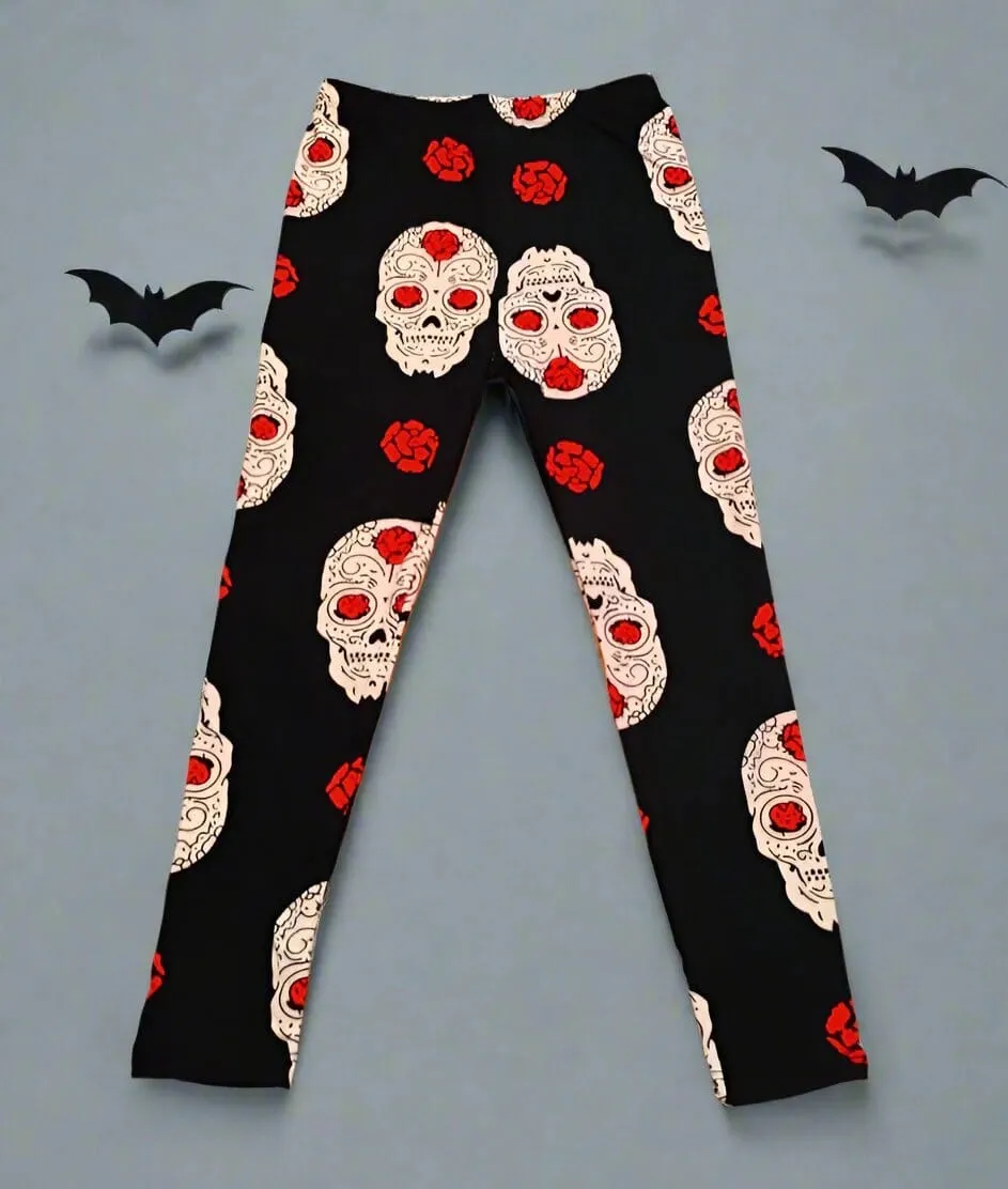 Girls Skull Rose Leggings, Kids Yoga Pants, Sizes S/L, No-Roll Waist, Black/White