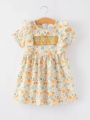 Girls Smocking Embroidered Yellow Floral Dress