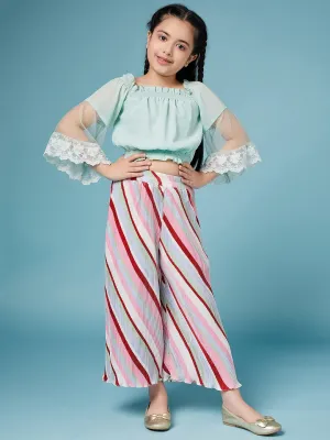 Girls Square Neck Top With Striped Palazzos - Ps Peaches