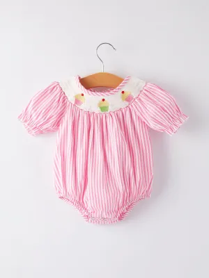 Girls Stripe Cake Smocking Embroidered Pink Romper