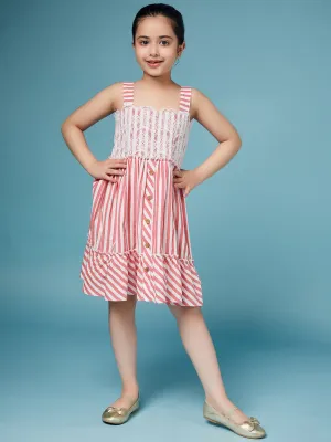 Girls Striped Lace-Up Detail Flounce A-Line Dress - Ps Peaches