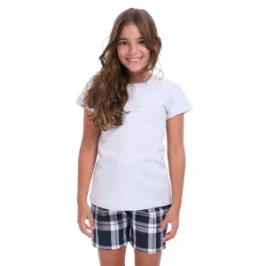 Girls summer pajama set light grey t-shirt   Black x White Checkered shorts