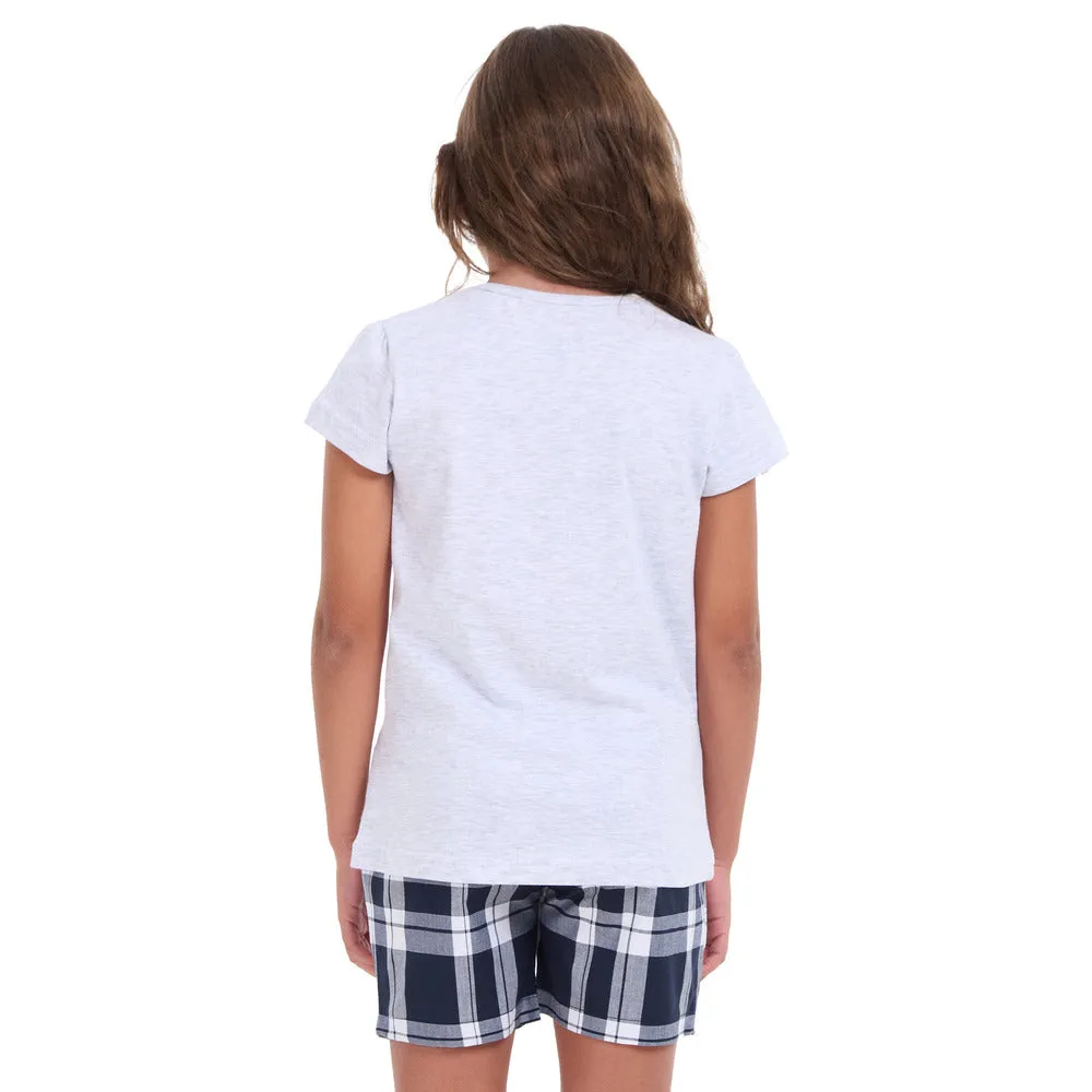 Girls summer pajama set light grey t-shirt   Black x White Checkered shorts