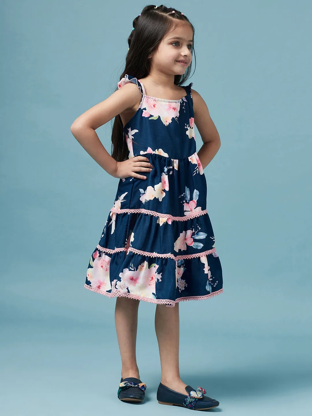 Girls Tiered Floral Printed Fit Flare Dress - Ps Peaches